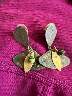 Vintage Green and Gold Leaf Drop Earrings — Women Jewelry